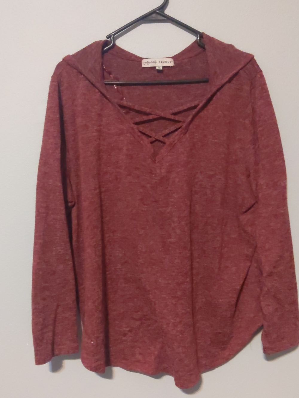 Absolutely Famous Burgundy Crisscross Hooded Long Sleeve Top